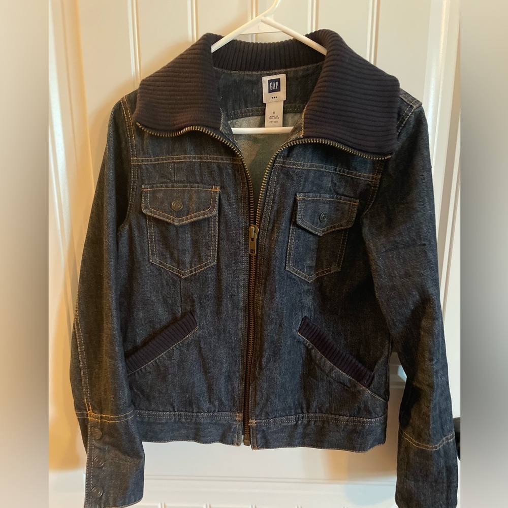 Dark Denim Jacket with Ribbed Collar